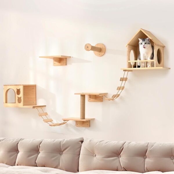 Cat Wall Shelves, Wall Mounted Cat Climbing Shelves, Wooden Cat Furniture with 2 Cat Condo Houses, 3 Cat Perches, 2 Bridge Ladders and 2 Scratching Posts