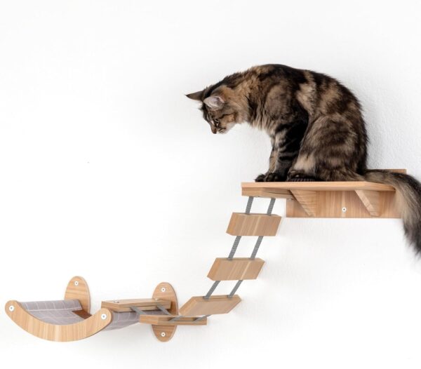 Cat Wall Shelves - Wall Mounted Cat Tree Climbing Shelf - Includes Wall Shelf, Plank Bridge, Cloth Hammock, Assembly Manual and Mounting Hardware