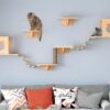 Cat Wall Shelves and Perches Set, Floating Cat Wood Climb Furniture, Cat Wall-Mounted Playing Climber, 2 Cat Houses & 4 Cat Shelves & 2 Ladders & 1 Cat Scratching Post