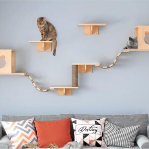 Cat Wall Shelves and Perches Set, Floating Cat Wood Climb Furniture, Cat Wall-Mounted Playing Climber, 2 Cat Houses & 4 Cat Shelves & 2 Ladders & 1 Cat Scratching Post