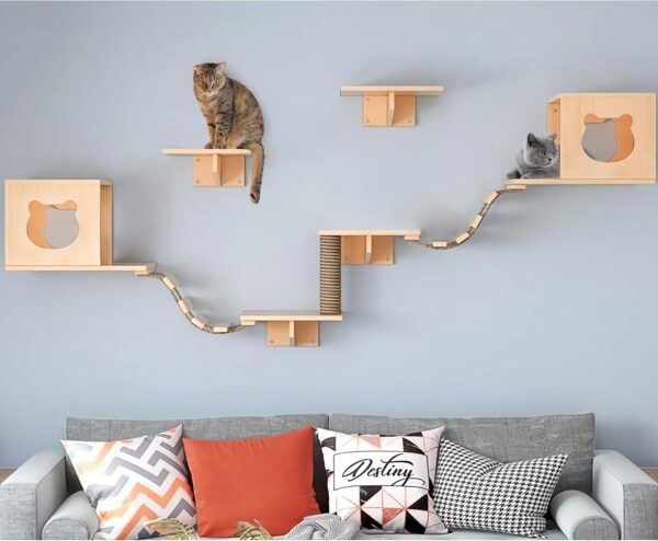 Cat Wall Shelves and Perches Set, Floating Cat Wood Climb Furniture, Cat Wall-Mounted Playing Climber, 2 Cat Houses & 4 Cat Shelves & 2 Ladders & 1 Cat Scratching Post