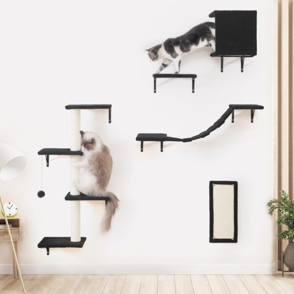 Climbing Wall Cat Set - 5-Piece Cat Wall Shelves, Sturdy Wooden Climber for Cats, Wall Park with Cat House, Cat Bridge, Cat Tree, Cat Stairs and Scratching Board for Cats up to 10 kg (Black)