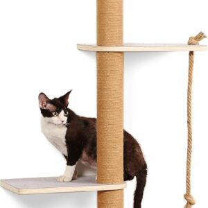 CoolEx Wall Mounted Cat Tree,50 Inch Tall Wall Cat Tree,4 Tier Cat Climbing Wall Shelves with Scratcher Post for Indoor Cats Activity,Cat Wall Furniture with Soft Felt Pads & Cushion