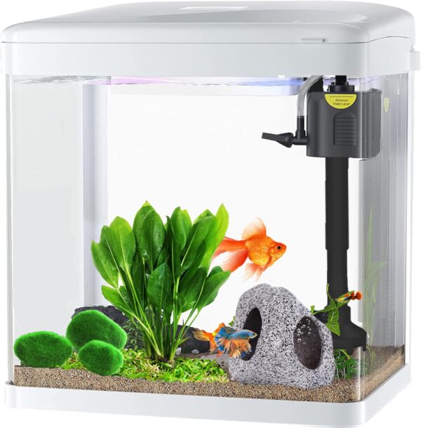 Craftsboys 15L Fish Tank with Filter and Light, Rectangular Aquarium Tank with LED Light, Tray Filter System, Curved Glass Front (White)