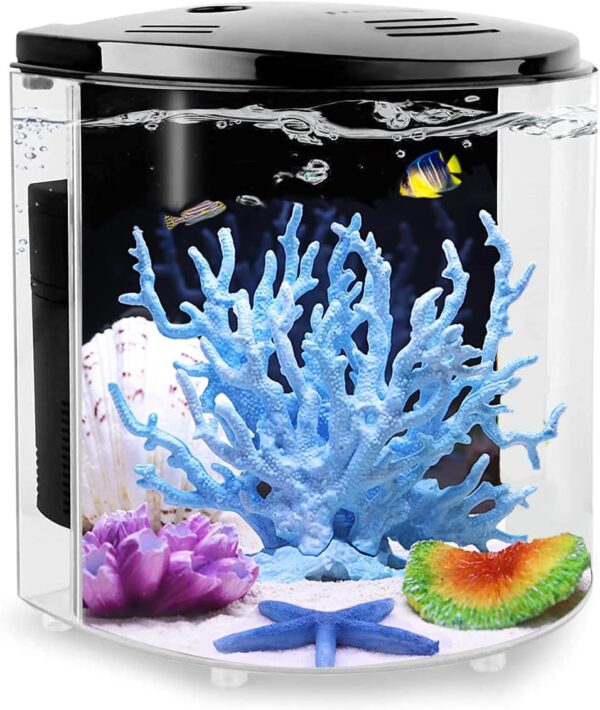 Craftsboys Fish Tank 4.5L Betta Aquarium Starter Kits with Backwall Filter, Led Light. Clear Acrylic Fish Tank for Small Fish (Black, Half-Moon)