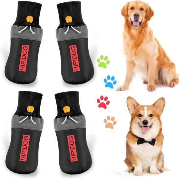 Dog Boots, 2 Pairs Dog Paw Protector Waterproof Dog Shoes with Adjustable Drawstring, Plush Lining Anti-slip Dog Boots Paw Protector Waterproof Dog Walking Boots for Small Medium Dogs Winter-Black(M)