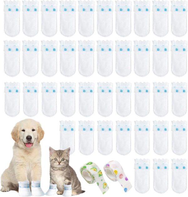 FUIPVGI 42 Pcs Disposable Dog Shoes, Adjustable Disposable Dog Socks, All Weather Dog Boots, Dog Boots Injured Paws Waterproof, Pet Shoe Covers with Self Adhesive Bandage, for Walking Hiking (S/M)