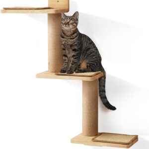 FUKUMARU Cat Climbing Shelf Wall Mounted, Natural Rubber Wood Material, Cat Stairway with Jute Scratching Post for Cats Perch Platform Supplies