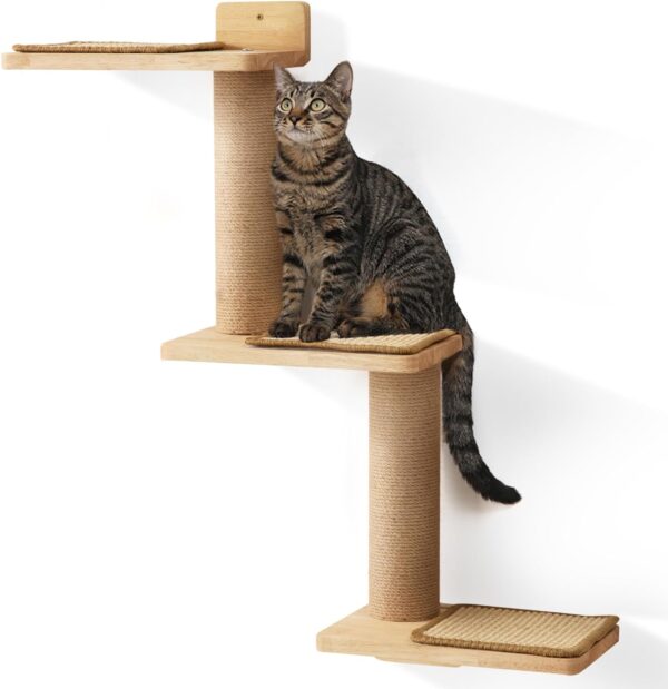 FUKUMARU Cat Climbing Shelf Wall Mounted, Natural Rubber Wood Material, Cat Stairway with Jute Scratching Post for Cats Perch Platform Supplies