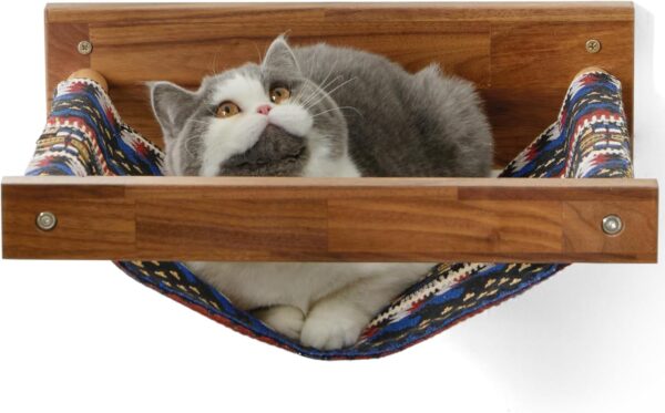 FUKUMARU Cat Hammock Wall Mounted Large Cats Shelf - Modern Beds and Perches - Premium Kitty Furniture for Sleeping, Playing, Climbing, and Lounging - Walnut Wood with Figured Stripe…