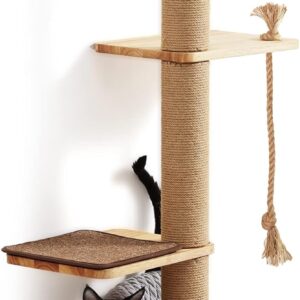 FUKUMARU Cat Scratching Activity Tree Wall Mounted, 125 cm Jute Scratch Post for Large Cats, Kittens with Platform, Rubber Wood, Large