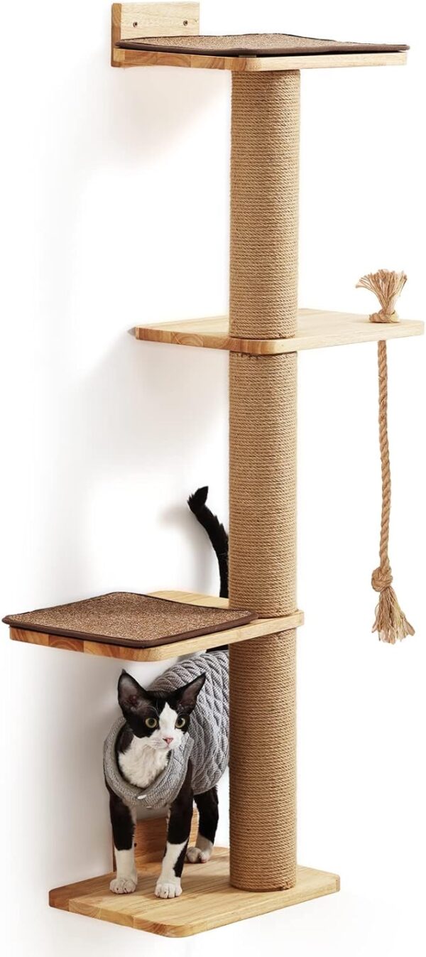 FUKUMARU Cat Scratching Activity Tree Wall Mounted, 125 cm Jute Scratch Post for Large Cats, Kittens with Platform, Rubber Wood, Large