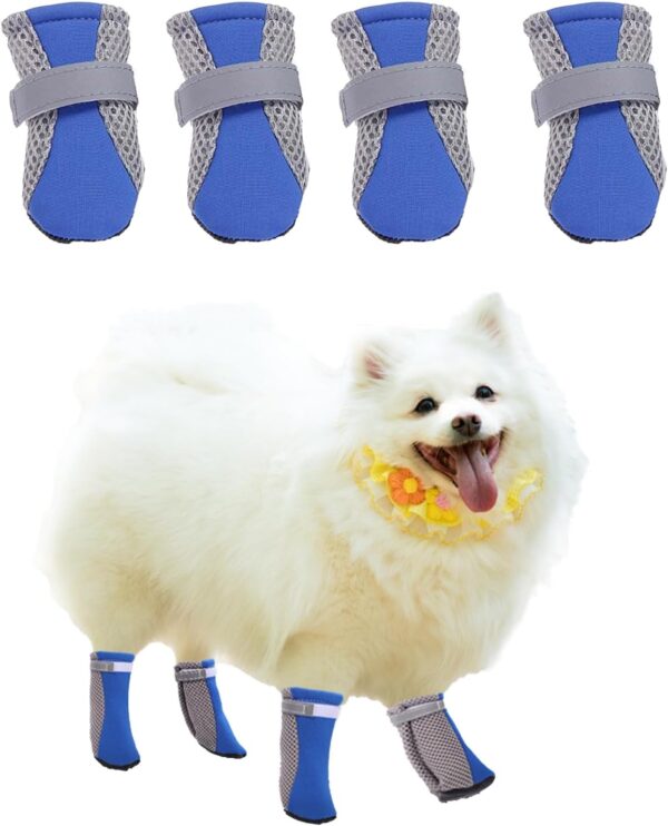 Fychuo Dog Boots Paw Protector 4 Pack Dog Shoes for Injured Paws Small Dogs Paw Protectors Reflective Straps Dog Socks Paws Stop Licking Puppy Shoes Anti Slip Sole Dog Boots Blue