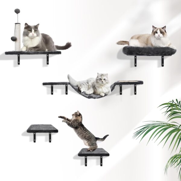 GOQELK Climbing Wall Cat Set, Cat Tree, 6-Piece Wall Shelves, Wall Park with Cat Salon, Cat Bridge, Cat Tree, Cat Stairs and Scratching Board up to 13 kg Spring Balls for Cats