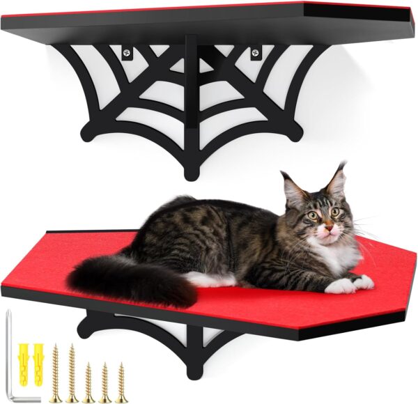 Gemscream Halloween Cat Wall Shelves Gothic Coffin Style Cat Wall Furniture Cat Shelves for Wall Mount Black Spiderweb Cat Climbing Shelves for Indoor Cats