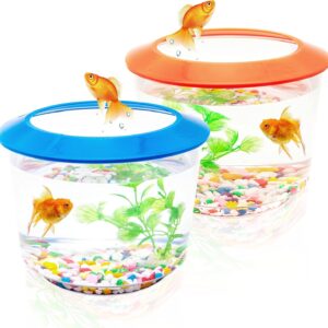 Goldfish Tank Small Fish Tanks and Aquariums Complete Set up Kids Fish Tank Starter Kits Fish Bowl for Goldfish with Gravel Ornamental Plant (Any (Blue or Orange))