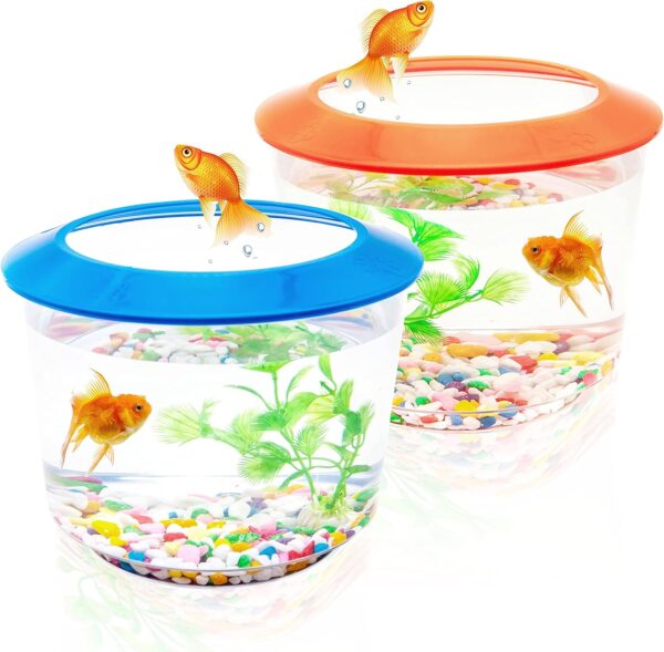 Goldfish Tank Small Fish Tanks and Aquariums Complete Set up Kids Fish Tank Starter Kits Fish Bowl for Goldfish with Gravel Ornamental Plant (Any (Blue or Orange))