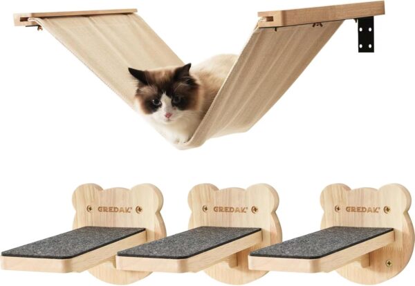 Gredak Cat Wall Bed with Cat Wall Steps, Wall Mounted Cat Shelves, Durable&Safe Solid Wood Floating Cat Shelves, Cat Wall Furniture for Climbing, Lounging, Playing, Resting & Scratching