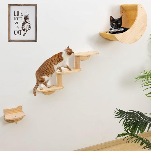 HAPYKITYS Cat Shelf for Wall Mount Hammock with 3-Levels Climbing Ladder and Shelves Moon Cats Wall Furniture for Activity Indoor Kitty (3-Levels Steps)