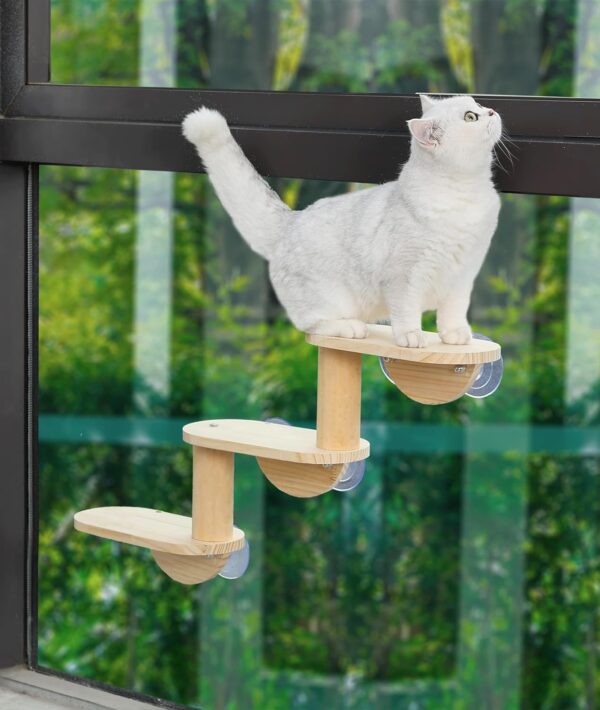 HAPYKITYS Cat Window Ladder 3-Levels for Indoor Cats Climbing Wood Window Shelf Cats Play and Watch Birds