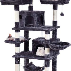 JISSBON Cat Tree Tower 170cm Cat Scratching Post with Condos, Basket, Hammock & Plush Perches for Kittens, Large Cats, Grey