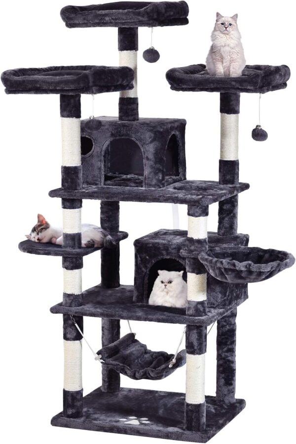 JISSBON Cat Tree Tower 170cm Cat Scratching Post with Condos, Basket, Hammock & Plush Perches for Kittens, Large Cats, Grey