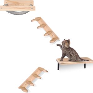 Kisston 4 Pcs Cat Wall Shelves Stairs Hammock Set Wooden Cat Wall Furniture Cat Climbing Shelves with 4 Steps Cat Stairway with Sisal Rope Scratching Hammock Mounted Cat Bed for Sleeping, Playing