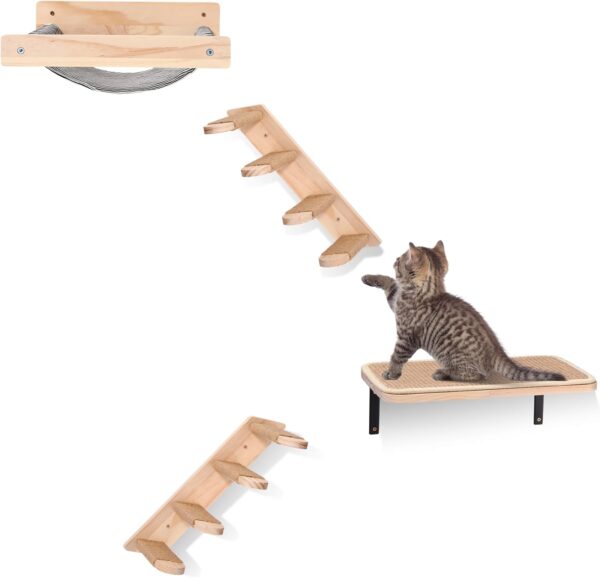 Kisston 4 Pcs Cat Wall Shelves Stairs Hammock Set Wooden Cat Wall Furniture Cat Climbing Shelves with 4 Steps Cat Stairway with Sisal Rope Scratching Hammock Mounted Cat Bed for Sleeping, Playing