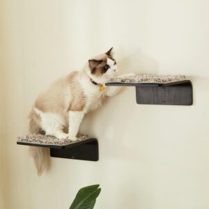 LIORCE 2 Set Cat Wall Steps - Wooden Cat Climbing Shelf for Wall - Cat Wall Stairs with Scratching Mat - Wall Mounted Cat Furniture for Jumping, Playing, and Lounging, Walnut