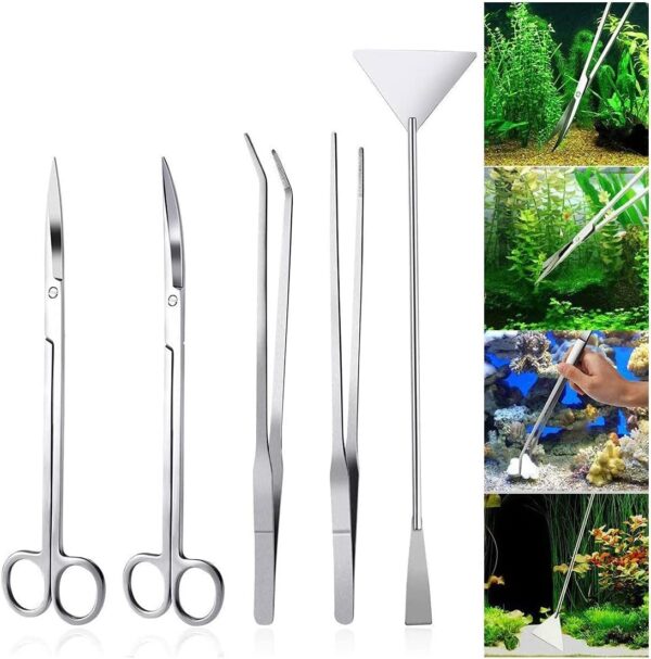 LONDAFISH Fish Tank Stainless Steel Plant Tool Set Aquarium Aquascaping Tweezers Scissors Kit 3 in 1/5 in 1/Substrate Spatula (5 in 1)