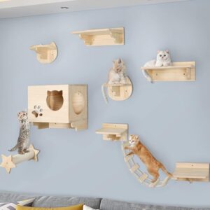 La La Pet® 9pcs Wooden Cat Shelves and Perches for Wall Cat Steps Ladder Wall Mounted Cat Furniture Cat Bed Cat Activity Tree Climbing Structure Modern Cat Climber Set