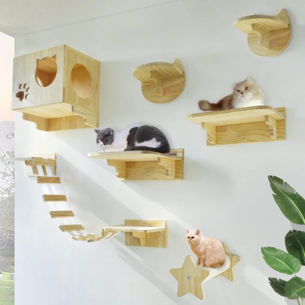 La La Pet® Wall Mounted Cat Bed Wooden Cat Cloud Shelf Cat Steps Ladder Cat Perch Cat Climbing Structure Cat Activity Tree Modern Cat Furniture Cat Lounger Climber Set of 9