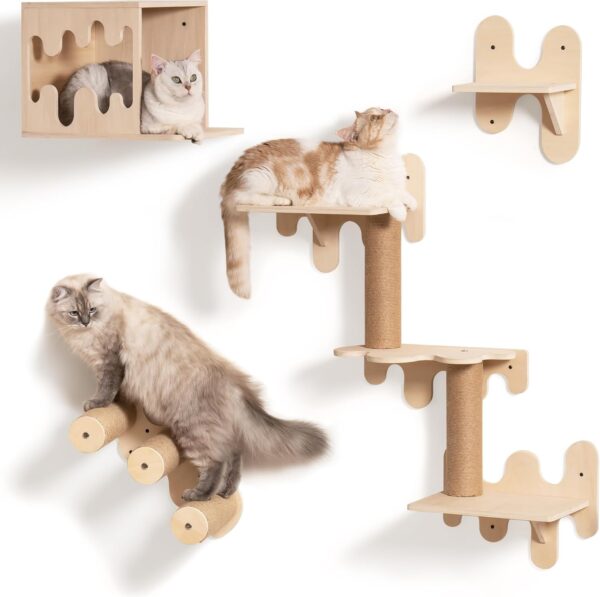 MEWOOFUN Cat Wall Shelves Wooden 4 pack, Cat Wall Furniture Stable with Cat Wall Steps, Cat House, Cat Climbing Shelves and Cat Perch Wall Mounted for Kittens & Adult Cats