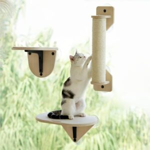 MEWOOFUN Cat Window Perch Hammock with Climbing Steps and Scratching Post Wooden Cat Window Bed Mounted Cat Bed for Indoor Cats (3 Pcs Set)