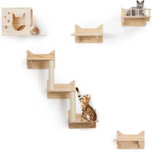 MIUZMORE Pine Cat Wall Frame Climbing Frame Set of 5 Cat Wall Furniture, Cat Shelves and Perches for Walls, Sisal Post Ladder, Cat Steps and Cat Travel Platform