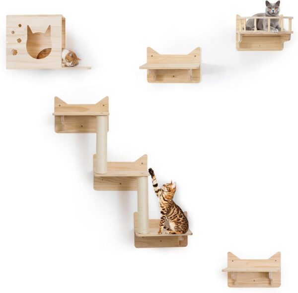 MIUZMORE Pine Cat Wall Frame Climbing Frame Set of 5 Cat Wall Furniture, Cat Shelves and Perches for Walls, Sisal Post Ladder, Cat Steps and Cat Travel Platform