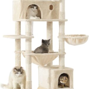 MSmask Cat Tree 76 inches, Tall Cat Tower with 3 Types of Hammocks, Multi-Level Cat Activity Center for Indoor Cats with 2 Cat Condo, 2 Perches, Scratching Posts, Climbing Tree