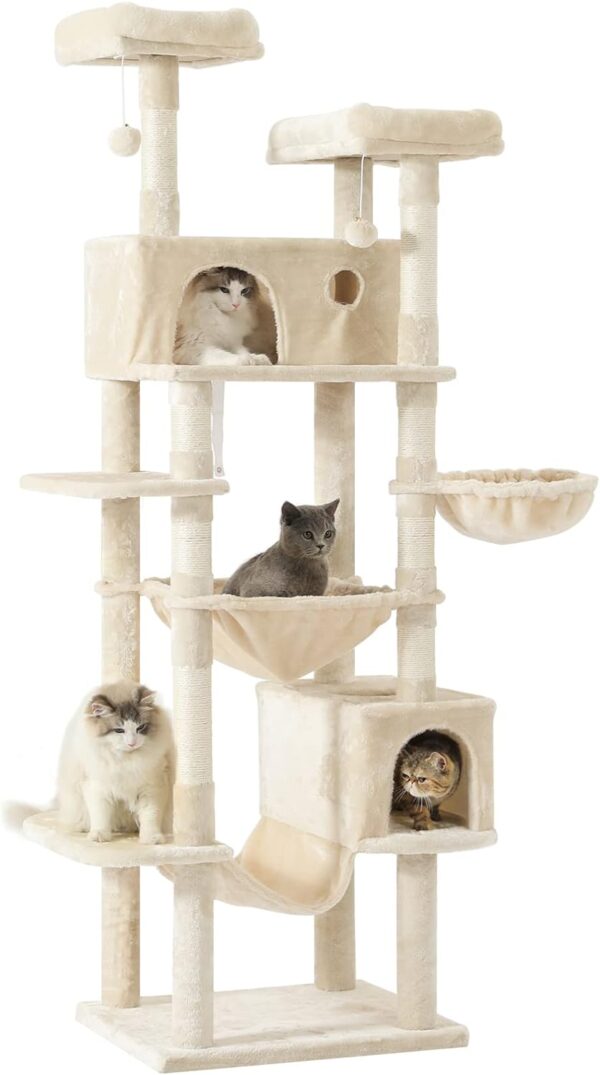 MSmask Cat Tree 76 inches, Tall Cat Tower with 3 Types of Hammocks, Multi-Level Cat Activity Center for Indoor Cats with 2 Cat Condo, 2 Perches, Scratching Posts, Climbing Tree