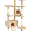 Meerveil Cat Tree, 210cm Cat Tower for Indoor Cats, Cat Climbing Tree with Cat Activity Platforms, 3 Pompoms, 2 Condos, Basket and Sisal Scratching Posts, Beige