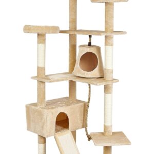 Meerveil Cat Tree, 210cm Cat Tower for Indoor Cats, Cat Climbing Tree with Cat Activity Platforms, 3 Pompoms, 2 Condos, Basket and Sisal Scratching Posts, Beige