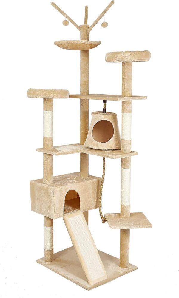 Meerveil Cat Tree, 210cm Cat Tower for Indoor Cats, Cat Climbing Tree with Cat Activity Platforms, 3 Pompoms, 2 Condos, Basket and Sisal Scratching Posts, Beige