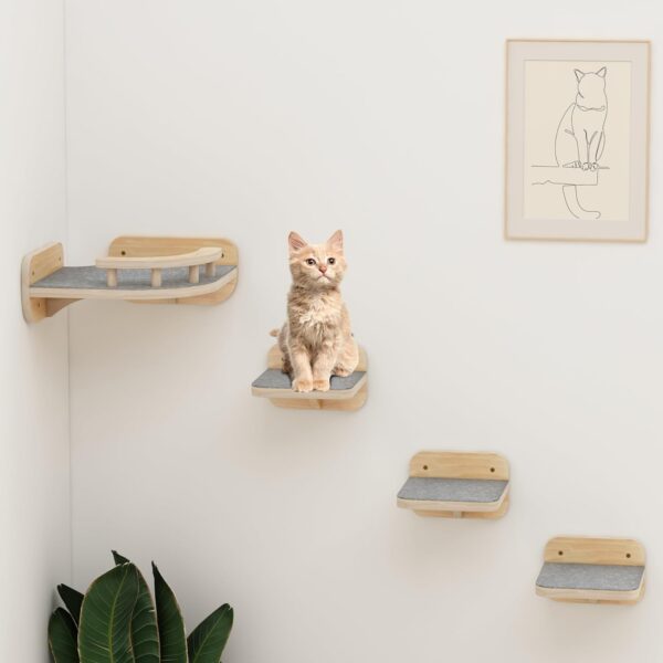 Megidok Corner Cat Climbing Shelf Perches Set Furniture, Cat Bed Wall Mounted with Soft Cushion, Modern Floating Stairs for Wall Indoor-Wood Color­