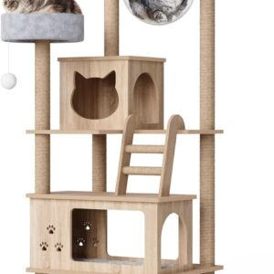 Mondeer Wooden Cat Tree for Large Cats, 185 cm Cat Tower with Scratching Post 2 Condos 2 Perches and Capsule Nest, Modern Style for Indoor Cats, Beige