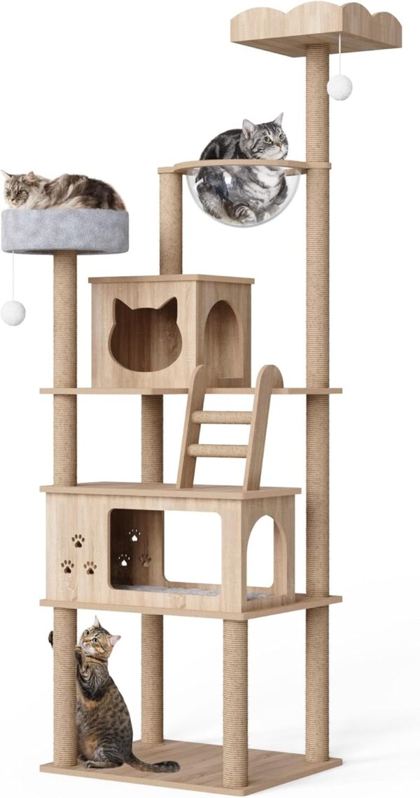 Mondeer Wooden Cat Tree for Large Cats, 185 cm Cat Tower with Scratching Post 2 Condos 2 Perches and Capsule Nest, Modern Style for Indoor Cats, Beige