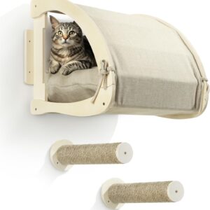 Navaris Cat Bed with Steps for Wall - Wall Cat Bed with Removable Cushion - Wall-Mounted Cat Hideout Made out of Linen - Wall Cat Furniture