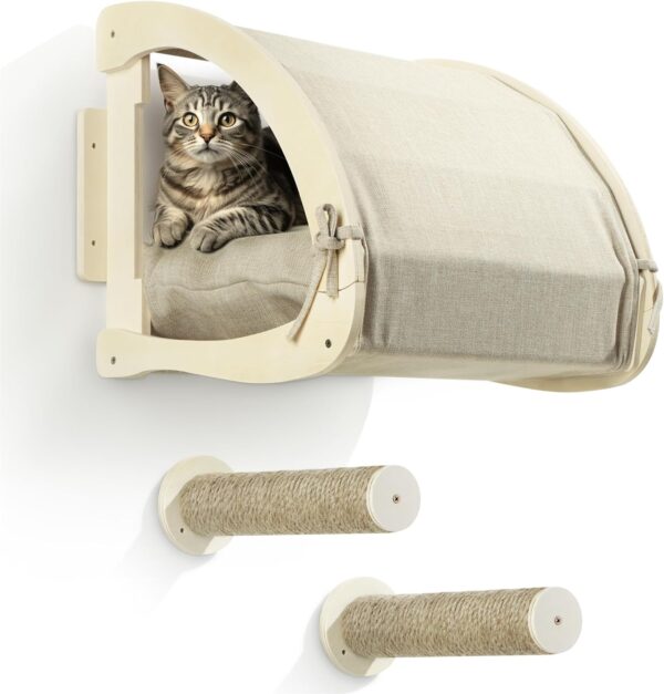 Navaris Cat Bed with Steps for Wall - Wall Cat Bed with Removable Cushion - Wall-Mounted Cat Hideout Made out of Linen - Wall Cat Furniture