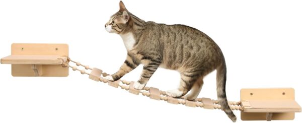 Navaris Wall Mounted Cat Bridge - Rope Bridge Walkway with 2 Large Connector Cat Shelves - Cat Accessories for Indoor Cats - Pine Wall Furniture Cat Shelf Steps