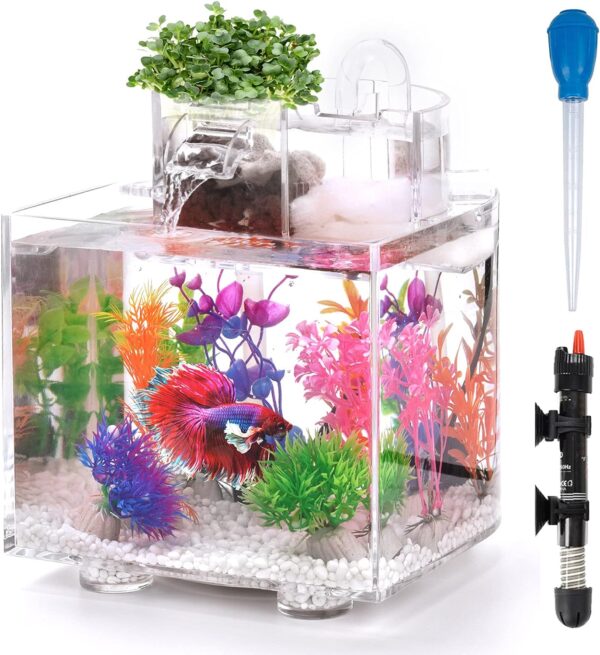 Oltraman Betta Fish Tank, 1.6 Gallon Aquarium, Upgrade Hydroponics Growing System, Beta Fish Tank Self Cleaning with Heater and Filter, Aquaponic Fish Bowls Decorations for Water Plant Garden