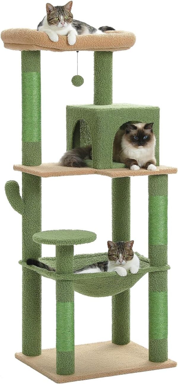 PAWZ Road Cactus Cat Tree Big Cat Tower, Activity Center stable and sturdy, Cat Tree with hammock and lovely Cat House size L Green