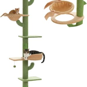 PAWZ Road Cactus Cat Tree Floor to Ceiling 5 spacious Platforms, Cat Tower 1 Hammock and Dangling Balls for Indoor Cats Adjustable Height(205-255cm)